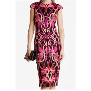 Ted Baker London Dress Geometric Cap Sleeves pink black gold peach back zip